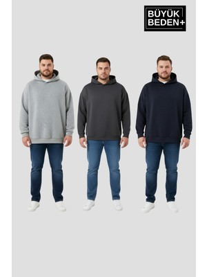 Superlife Erkek Büyük Beden 3 Lü Set  Kollar ve Etek Ribanalı Ince Kapşonlu Swatshırt SPR26BSW957+3