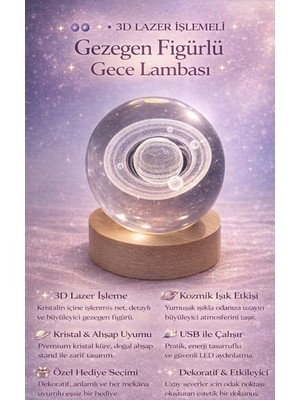 FaroxTech 3D Lazer Işlemeli Satürn Gezegen Figürlü Kristal Küre Gece Lambası - Ahşap Standlı USB Aydınlatma