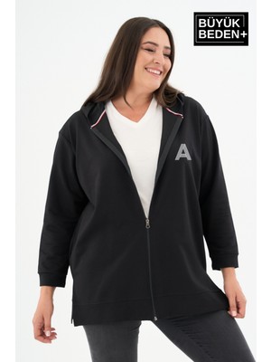 Superlife Kadın Tunik Büyük Beden A Baskılı Fermuarlı Kapşonlu Sweat Hırka SPR26BTK955-3