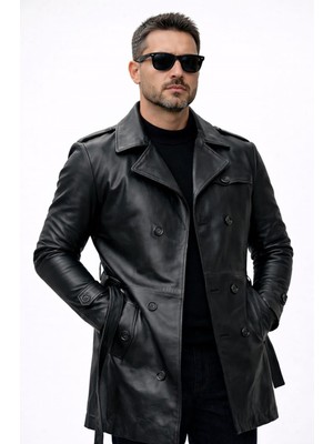 Deri Work Erkek  Deri Siyah Trençkot Kısa Regular Fit Uzun Kol Düğmeli Model