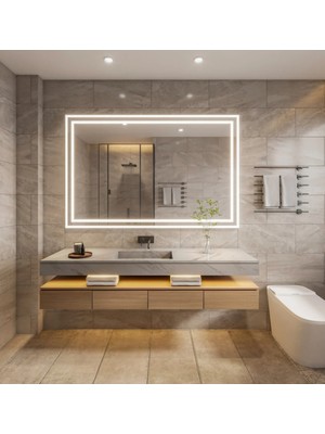 PremiumPort 90X45CM Diktörgen Dekoratif Ledli Banyo ve Oda Duvar Aynası