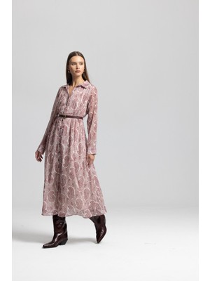 Ayshan Desenli Uzun Kollu Düğmeli Belden Bağlamalı Günlük Şık Mini Elbise