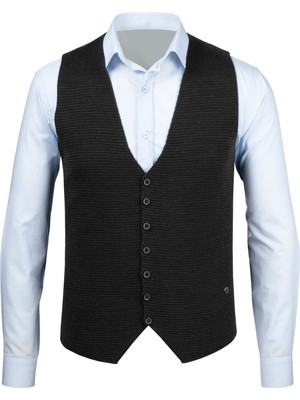 Çizgi Triko Erkek Düğmeli Spor / Klasik Triko Örme Kolsuz Koyu Gri Yelek Regular Kalıp - 4430LS