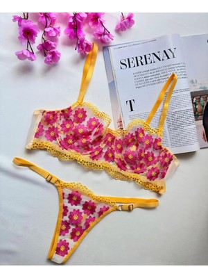 Zarvia Papatya Desenlitransparan Tül Balenli Sütyen Tanga Iç Çamaşır Takımı Sarı