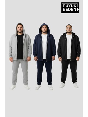 Superlife Erkek Büyük Beden Fermuarlı Kapüşonlu 3 'lü Set Ince Sweatshirt Hırka - Rahat Kalıp SPR26BHR960+3