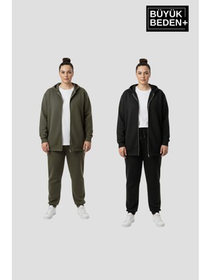 Superlife Kadın Büyük Beden Fermuarlı Kapüşonlu 3'lü Set Ince Sweatshirt Hırka - Rahat Kalıp SPR26BHRK960+2