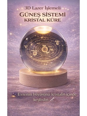 FaroxTech Astronomi Temalı 3D Dekoratif Kristal Küre Işık - Masif Ahşap Kaideli Uzay Lambası