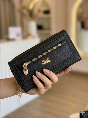 Purpleart Kadın Siyah Polo Armalı Mıknatıs Kapaklı Büyük Boy Yatay Cüzdan 10X19X5CM