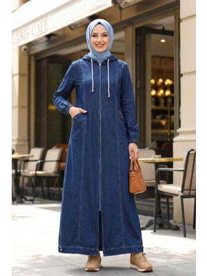 Kadın Kapüşonlu Fermuarlı Cepli Kot Mavi Kap