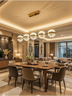 Vav Avize Tomris Lüks Modern LED Avize - Altın Küre Sarkıt Tavan Lambası, 3 Renk Işık Değişimi (2400K Sıcak Sarı - 4500K Gün Işığı - 6500K Beyaz), 5 Küre Tasarım, Salon & Yemek Odası Aydınlatması