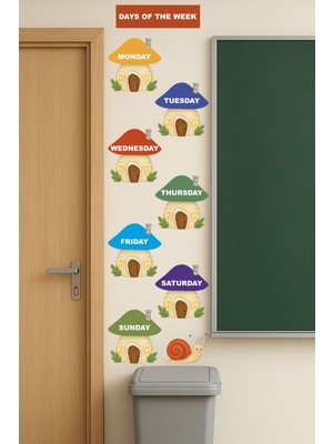 Aysha Tasarım Duvar Sticker - Ingilizce Haftanın Günleri Mantar Evler Kendinden Yapışkanlı Cam / Ayna / Duvar Sticker