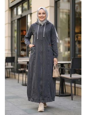 Kadın Kapüşonlu Fermuarlı Cepli Koyu Kot Gri Kap