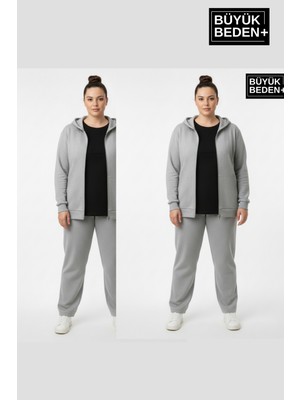 Superlife Kadın Büyük Beden Fermuarlı Kapüşonlu 3'lü Set Ince Sweatshirt Hırka - Rahat Kalıp SPR26BHRK960+2