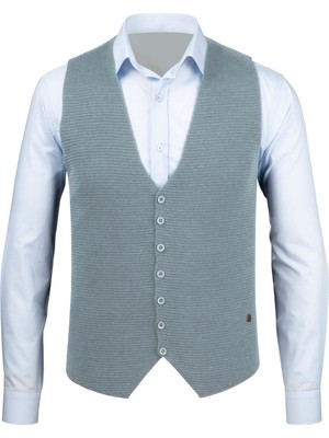 Çizgi Triko Erkek Düğmeli Spor / Klasik Triko Örme Kolsuz Açık Gri Yelek Regular Kalıp - 4430LS