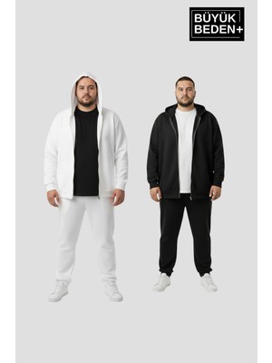 Superlife Erkek Büyük Beden Fermuarlı Kapüşonlu 2'li Set Ince Sweatshirt Hırka - Rahat Kalıp SPR26BHR960+2
