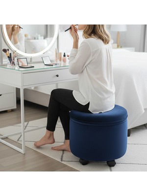 Ratemo Mobilya Lacivert Renk Kadife Tekerlekli Puf Tabure – Çok Amaçlı Oturma ve Ayak Ucu Pufu