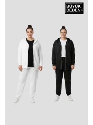 Superlife Kadın Büyük Beden Fermuarlı Kapüşonlu 3'lü Set Ince Sweatshirt Hırka - Rahat Kalıp SPR26BHRK960+2