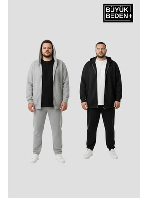 Superlife Erkek Büyük Beden Fermuarlı Kapüşonlu 2'li Set Ince Sweatshirt Hırka - Rahat Kalıp SPR26BHR960+2