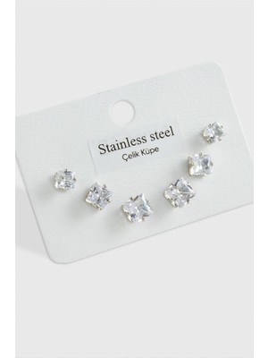 Die Grup 6 Adet Kare Zirkon Tek Taşlı Çelik Küpe ( Küçük Kare )