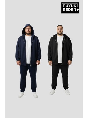 Superlife Erkek Büyük Beden Fermuarlı Kapüşonlu 2'li Set Ince Sweatshirt Hırka - Rahat Kalıp SPR26BHR960+2