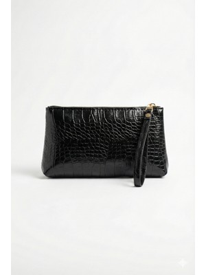 Purpleart Kadın Siyah Pörtföy El Çantası Kroko Croco