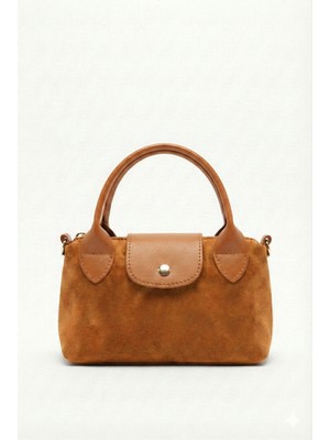 Purpleart Kadın Süet Taba Mini El ve Omuz Çantası 13X20CM