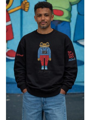 Fuddy Moda Oversize Unisex Se Gui Mo Aqui Bad Bunny Kol Baskılı Bisiklet Yaka Kapüşonsuz Sweatshirt