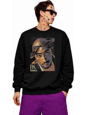 Fuddy Moda Unisex Oversize 2pac Bacj Tupac Baskılı Bisiklet Yaka Kapüşonsuz Sweatshirt