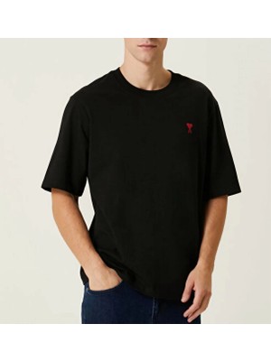 Unisex Bisiklet Yaka Baskılı Oversize T-Shirt - Siyah