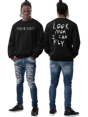 Fuddy Moda Unisex Oversize Look Mom I Can Fly Travis Scott Sırt Baskılı Bisiklet Yaka Kapüşonsuz Sweatshirt