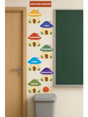 Aysha Tasarım Duvar Sticker - Türkçe Haftanın Günleri Mantar Evler Kendinden Yapışkanlı Cam / Ayna / Duvar Sticker