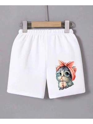 Kadın Beli Lastikli Baskılı Mini Şort - Beyaz