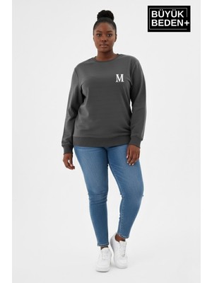 Superlife Kadın Büyük Beden M Baskılı Bisiklet Yaka Ince Sweatshirt SPR26BSWK956-13