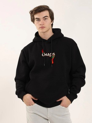 Unisex Baskılı Oversize Üç Iplik Kapüşonlu Sweatshirt - Siyah