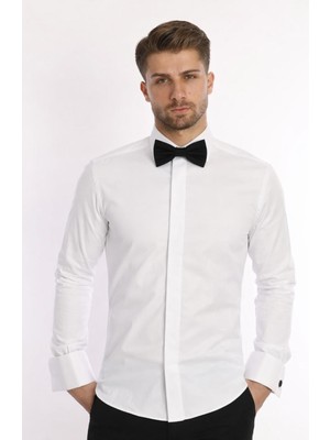 Colvıs Man Slim Fit Uzun Kol Ata Yaka Gizli Düğmeli Smokin Damatlık Erkek Gömleği Beyaz