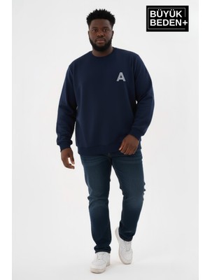 Superlife Erkek Büyük Beden A Baskılı Bisiklet Yaka Ince Sweatshirt SPR26BSW956-12