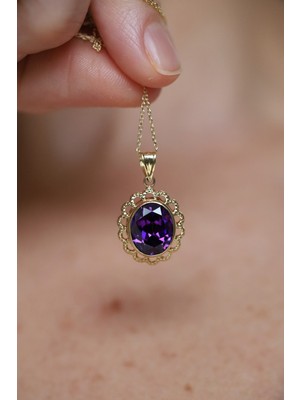 14 Ayar Altın Ametist Taş Görünümlü Kolye Ucu KLY34635