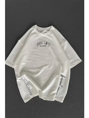 Hiccup Kadın Janes Arka Baskılı Oversize Baskılı Yuvarlak Yaka Tişört Beyaz