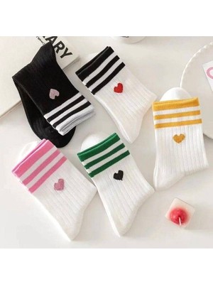 Çorap Kurdu 5'li Ekonomik Paket Çemberli Kalp Desenli Kadın Tenis Çorap Set