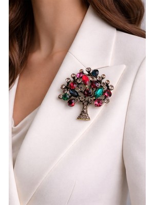 Modex Altın Sarısı Renkli Taş Süslemeli Hayat Ağacı Broş (4cm)