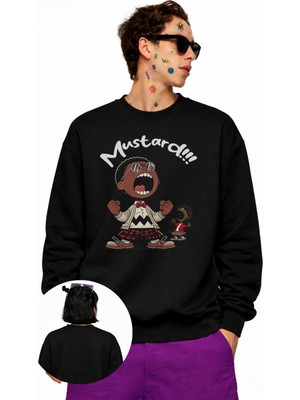 Fuddy Moda Unisex Oversize Mustard Cartoon Style Kendrick Lamar Baskılı Bisiklet Yaka Kapüşonsuz Sweatshirt