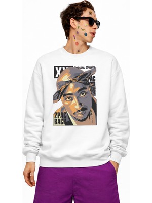 Fuddy Moda Unisex Oversize 2pac Bacj Tupac Baskılı Bisiklet Yaka Kapüşonsuz Sweatshirt