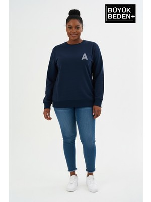 Superlife Kadın Büyük Beden A Baskılı Bisiklet Yaka Ince Sweatshirt SPR26BSWK956-12