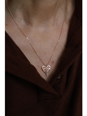 14 Ayar Altın Süzme Taşlı Iç Içe Kalp Kolye KLY510745