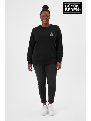 Superlife Kadın Büyük Beden A Baskılı Bisiklet Yaka Ince Sweatshirt SPR26BSWK956-12