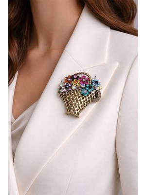 Modex Altın Sarısı Renkli Çiçek Desenli Sepet Broş (4cm)