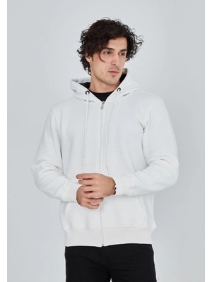 Unisex Tam Fermuarlı Kapşonlu  Sweatshirt - Beyaz