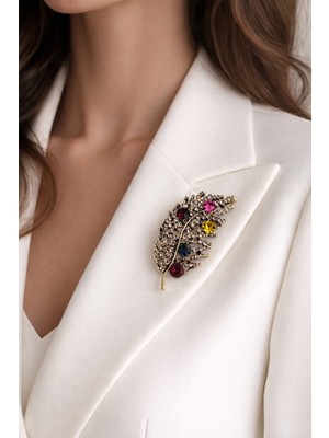 Modex Altın Sarısı Renkli Taş Süslemeli Tüy Broş (6cm)