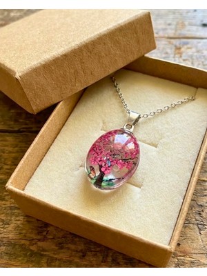 Sufi Tesbih Esans Ve Hediyelik Hayat Ağacı Pembe & Manzara Kolye - Şeffaf Oval Kesim - Özel Tasarım Kadın Takı