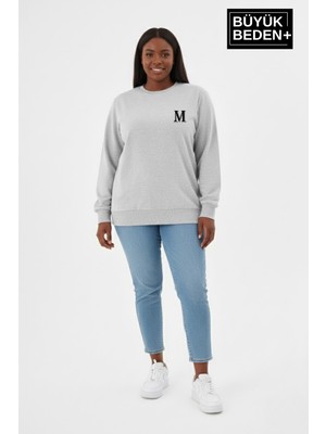 Superlife Kadın Büyük Beden M Baskılı Bisiklet Yaka Ince Sweatshirt SPR26BSWK956-13